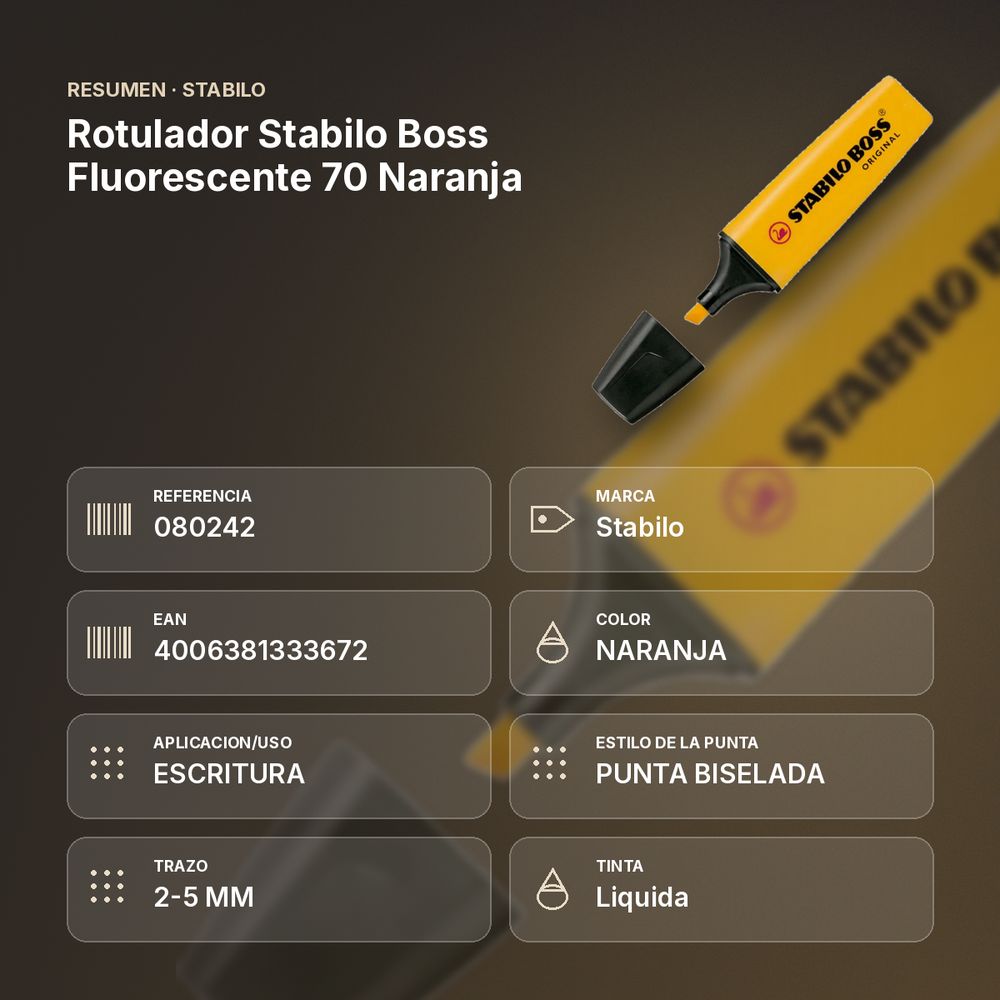 ROTULADOR STABILO BOSS FLUORESCENTE 70 NARANJA - resumen de atributos