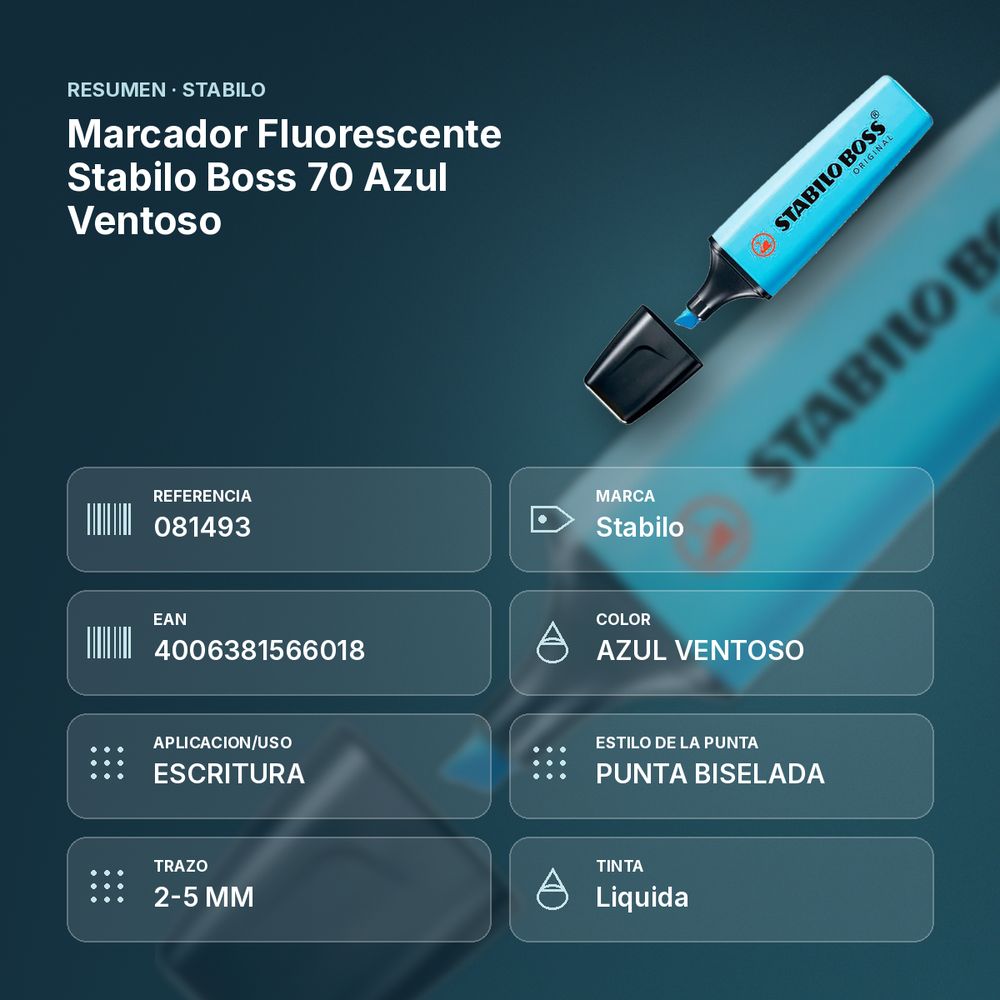 MARCADOR FLUORESCENTE STABILO BOSS 70 AZUL VENTOSO - resumen de atributos