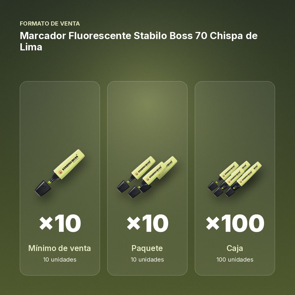 MARCADOR FLUORESCENTE STABILO BOSS 70 CHISPA DE LIMA - formato de venta: paquete de 10, caja de 100