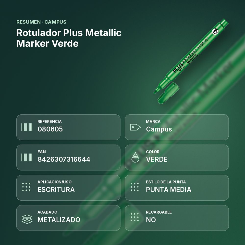 ROTULADOR PLUS METALLIC MARKER VERDE - resumen de atributos
