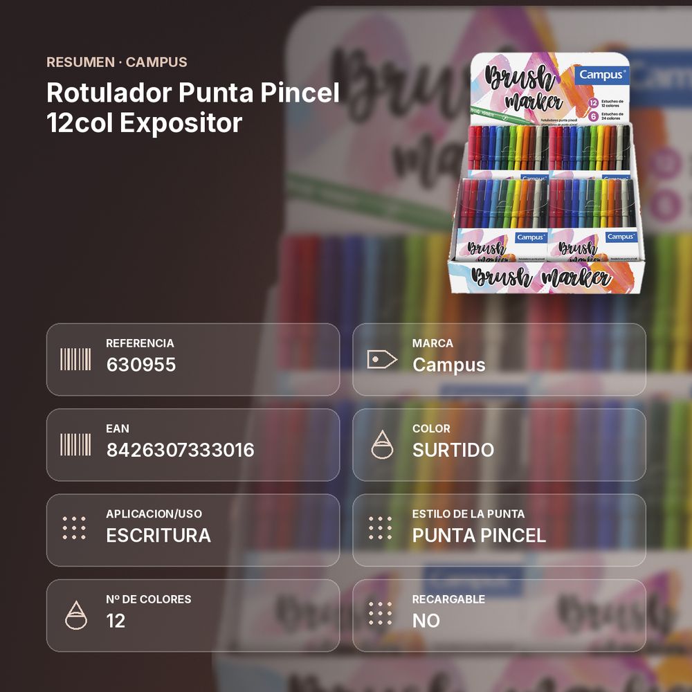 ROTULADOR PUNTA PINCEL 12COL EXPOSITOR - resumen de atributos