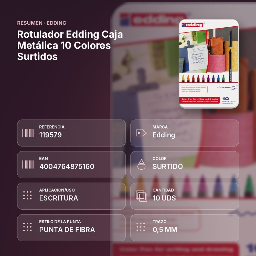 ROTULADOR EDDING CAJA METÁLICA 10 COLORES SURTIDOS - resumen de atributos