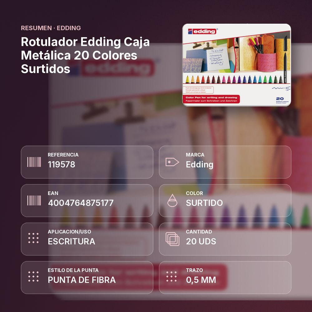 ROTULADOR EDDING CAJA METÁLICA 20 COLORES SURTIDOS - resumen de atributos
