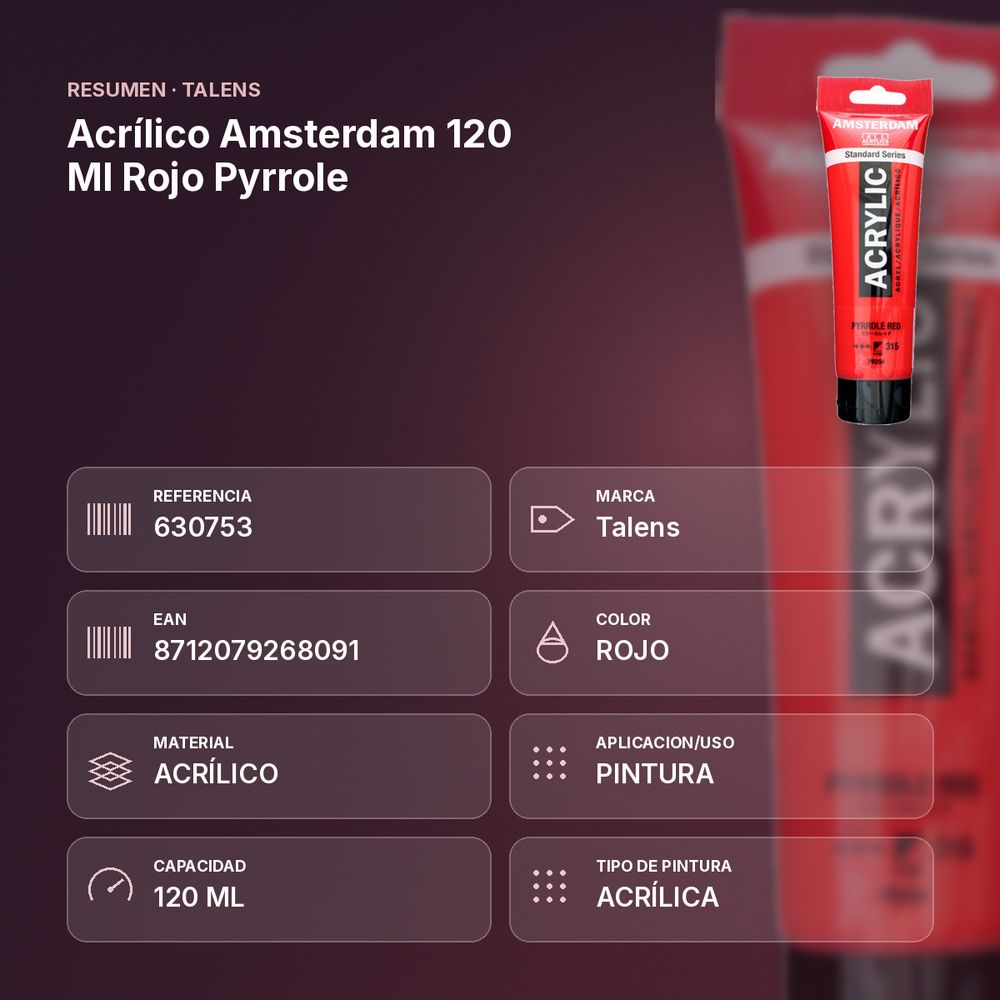 ACRÍLICO AMSTERDAM 120 ML ROJO PYRROLE - resumen de atributos