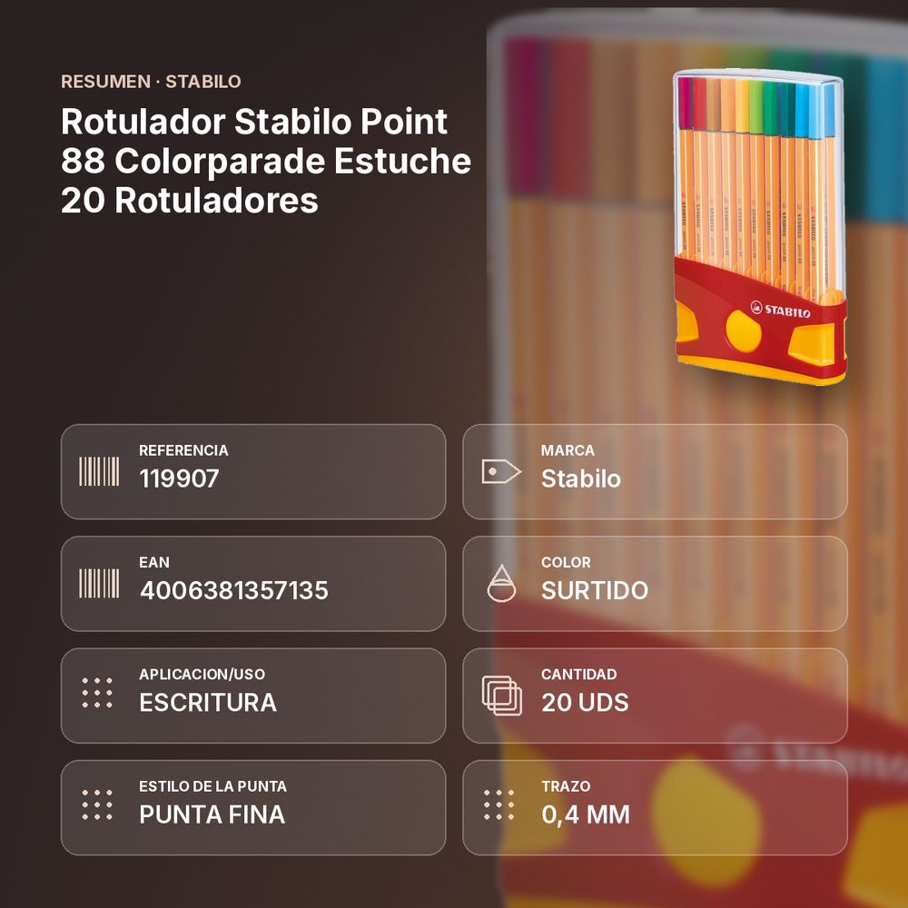 ROTULADOR STABILO POINT 88 COLORPARADE ESTUCHE 20 ROTULADORES - resumen de atributos