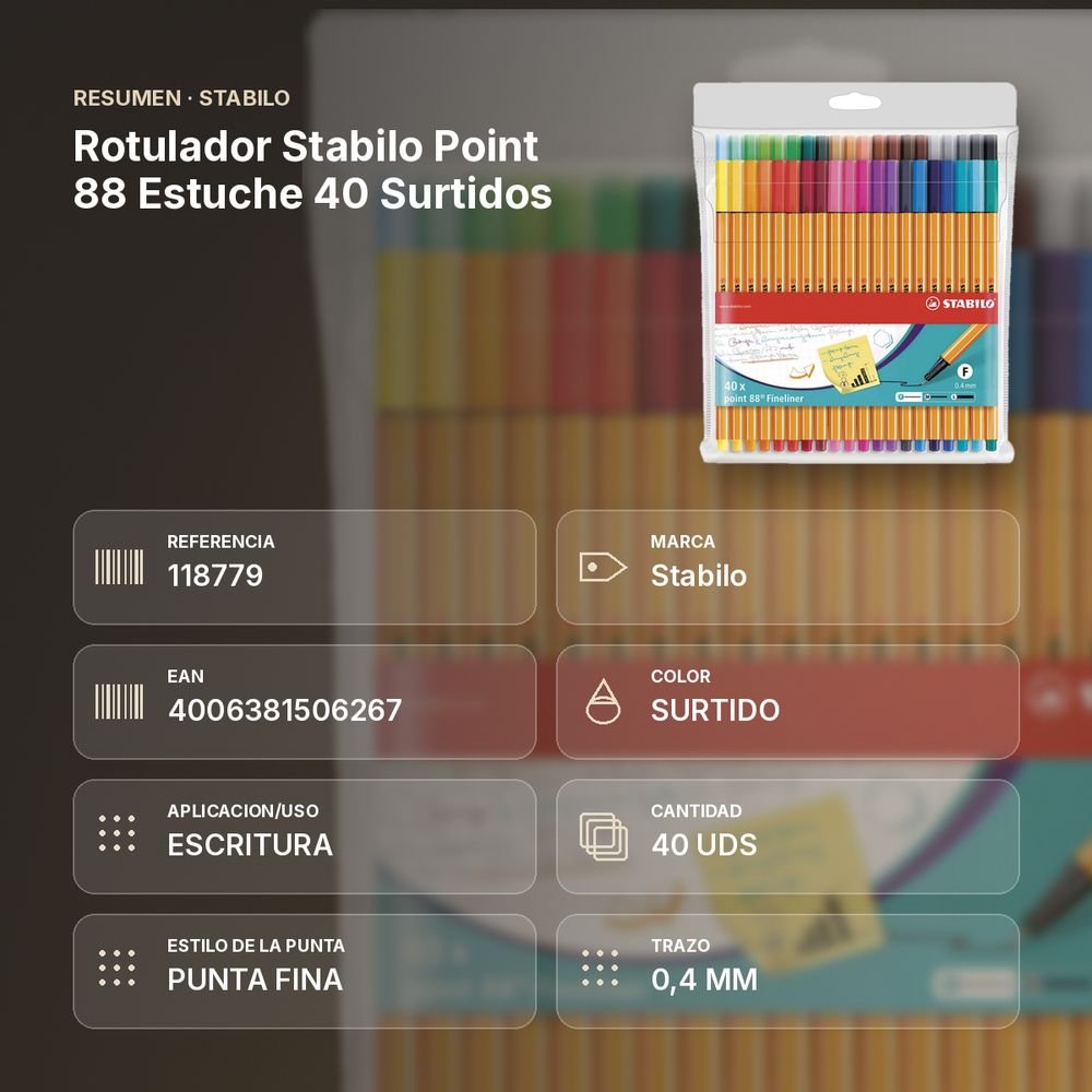 ROTULADOR STABILO POINT 88 ESTUCHE 40 SURTIDOS - resumen de atributos