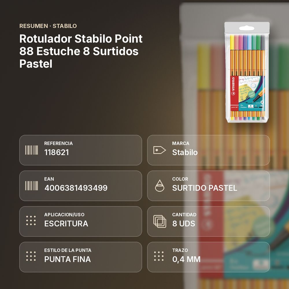 ROTULADOR STABILO POINT 88 ESTUCHE 8 SURTIDOS PASTEL - resumen de atributos