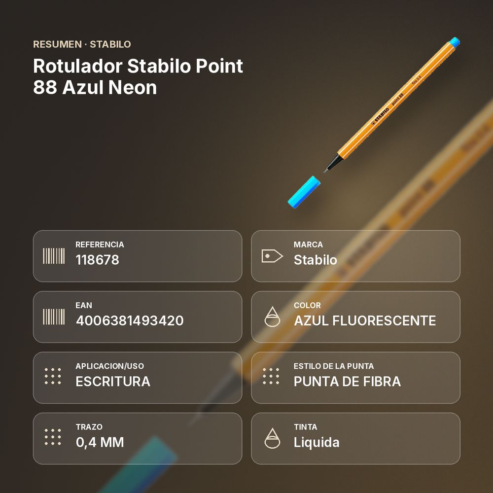 ROTULADOR STABILO POINT 88 AZUL NEON - resumen de atributos