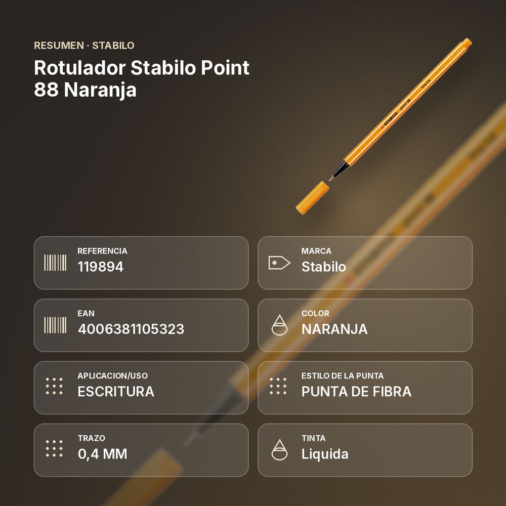 ROTULADOR STABILO POINT 88 NARANJA  - resumen de atributos