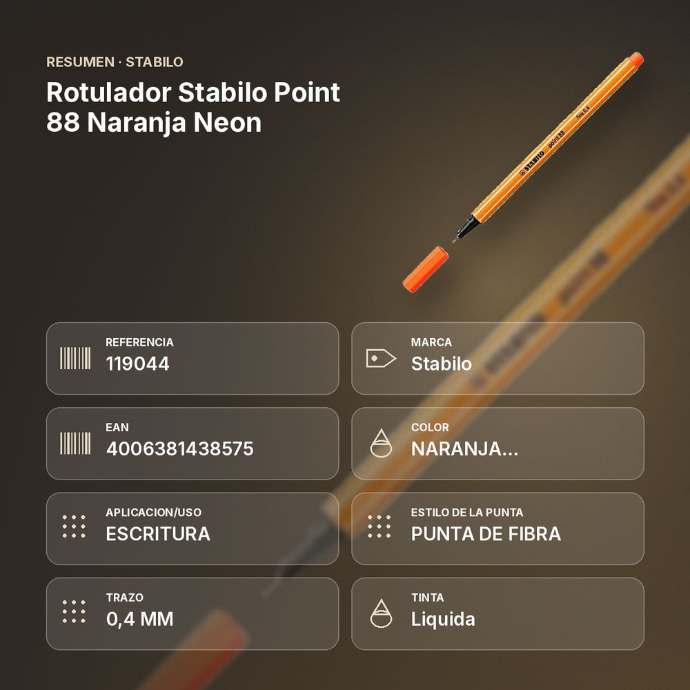 ROTULADOR STABILO POINT 88 NARANJA NEON  - resumen de atributos