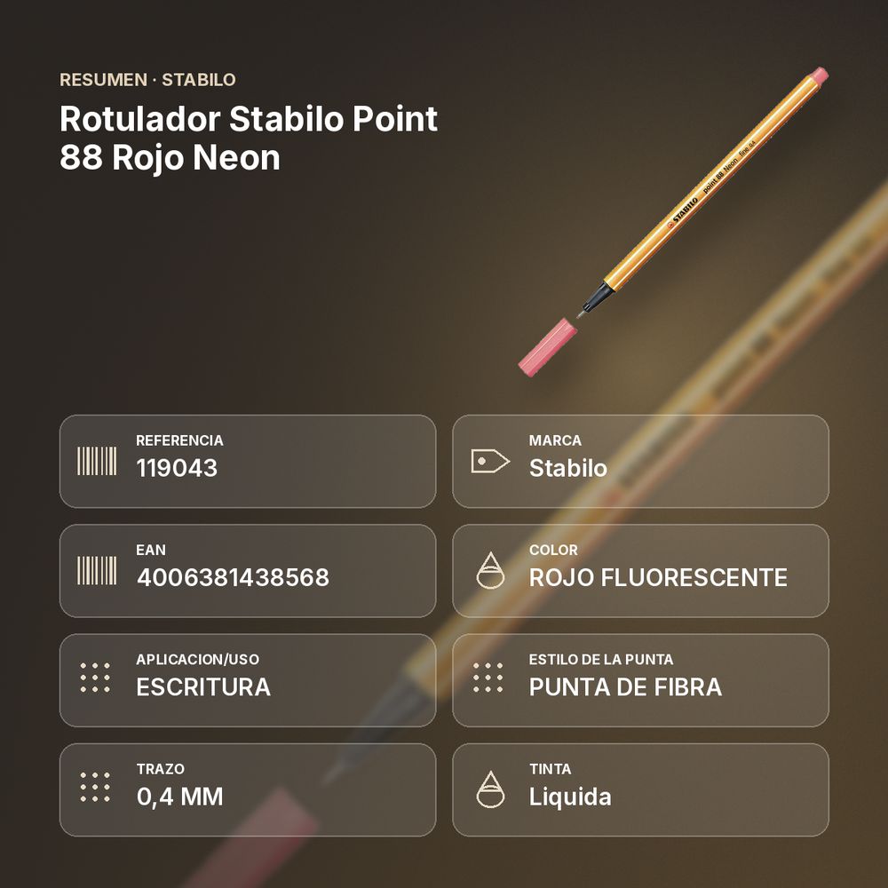 ROTULADOR STABILO POINT 88 ROJO NEON  - resumen de atributos