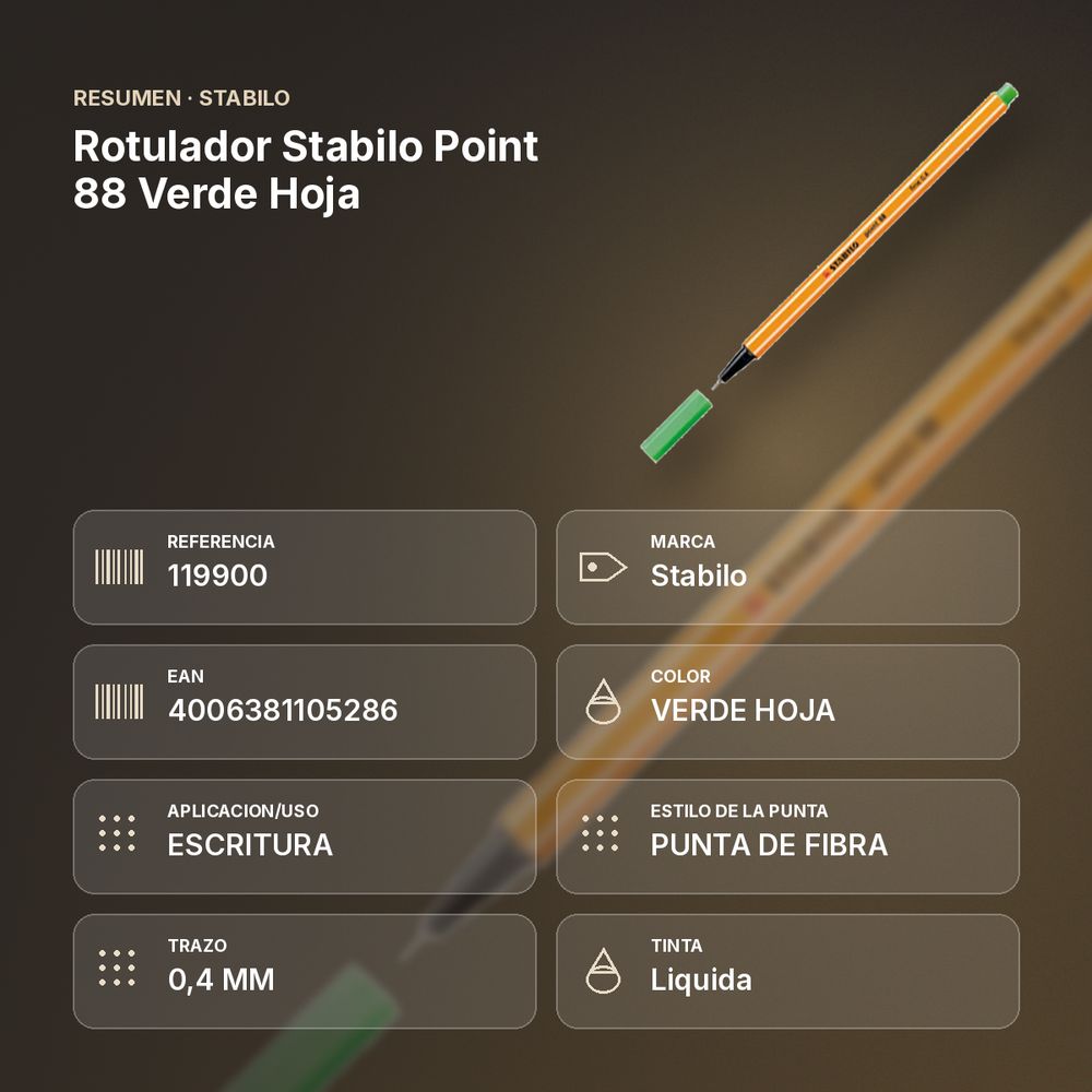 ROTULADOR STABILO POINT 88 VERDE HOJA  - resumen de atributos