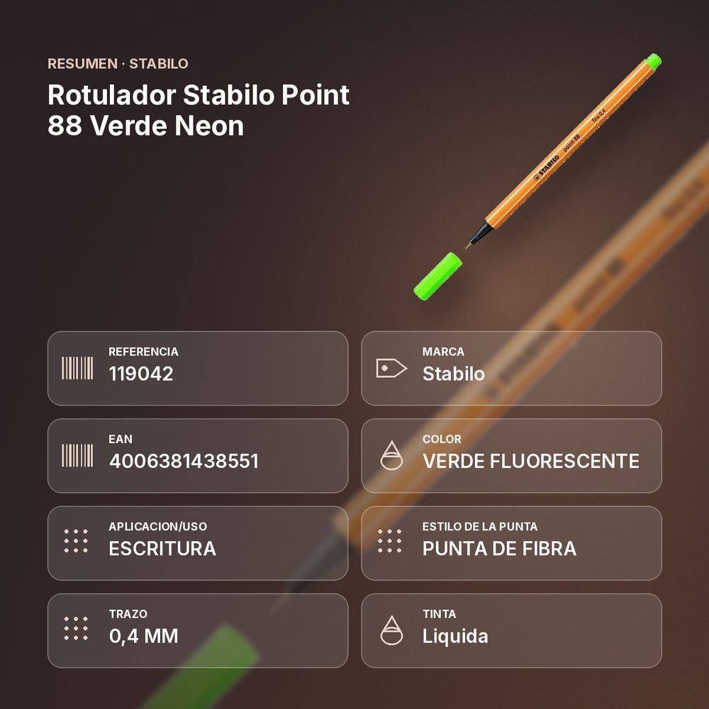 ROTULADOR STABILO POINT 88 VERDE NEON  - resumen de atributos