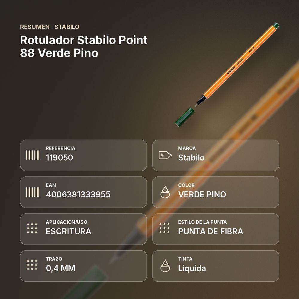 ROTULADOR STABILO POINT 88 VERDE PINO  - resumen de atributos