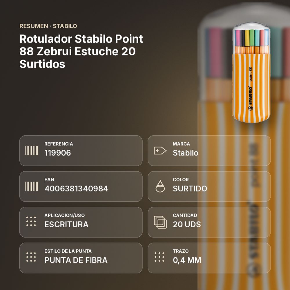 ROTULADOR STABILO POINT 88 ZEBRUI ESTUCHE 20  SURTIDOS  - resumen de atributos