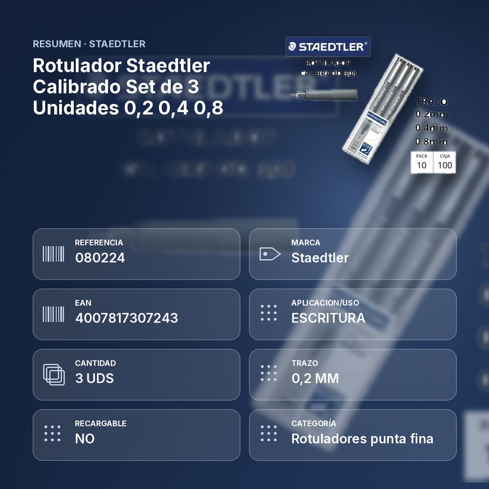 ROTULADOR STAEDTLER CALIBRADO SET DE 3 UNIDADES 0,2 0,4 0,8 - resumen de atributos
