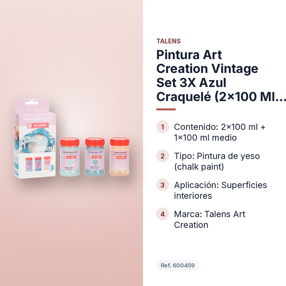 PINTURA ART CREATION VINTAGE SET 3X AZUL CRAQUELÉ (2X100 ML + 1X100 ML MEDIO) - características principales