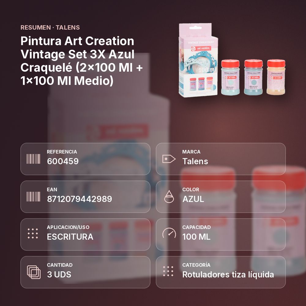 PINTURA ART CREATION VINTAGE SET 3X AZUL CRAQUELÉ (2X100 ML + 1X100 ML MEDIO) - resumen de atributos