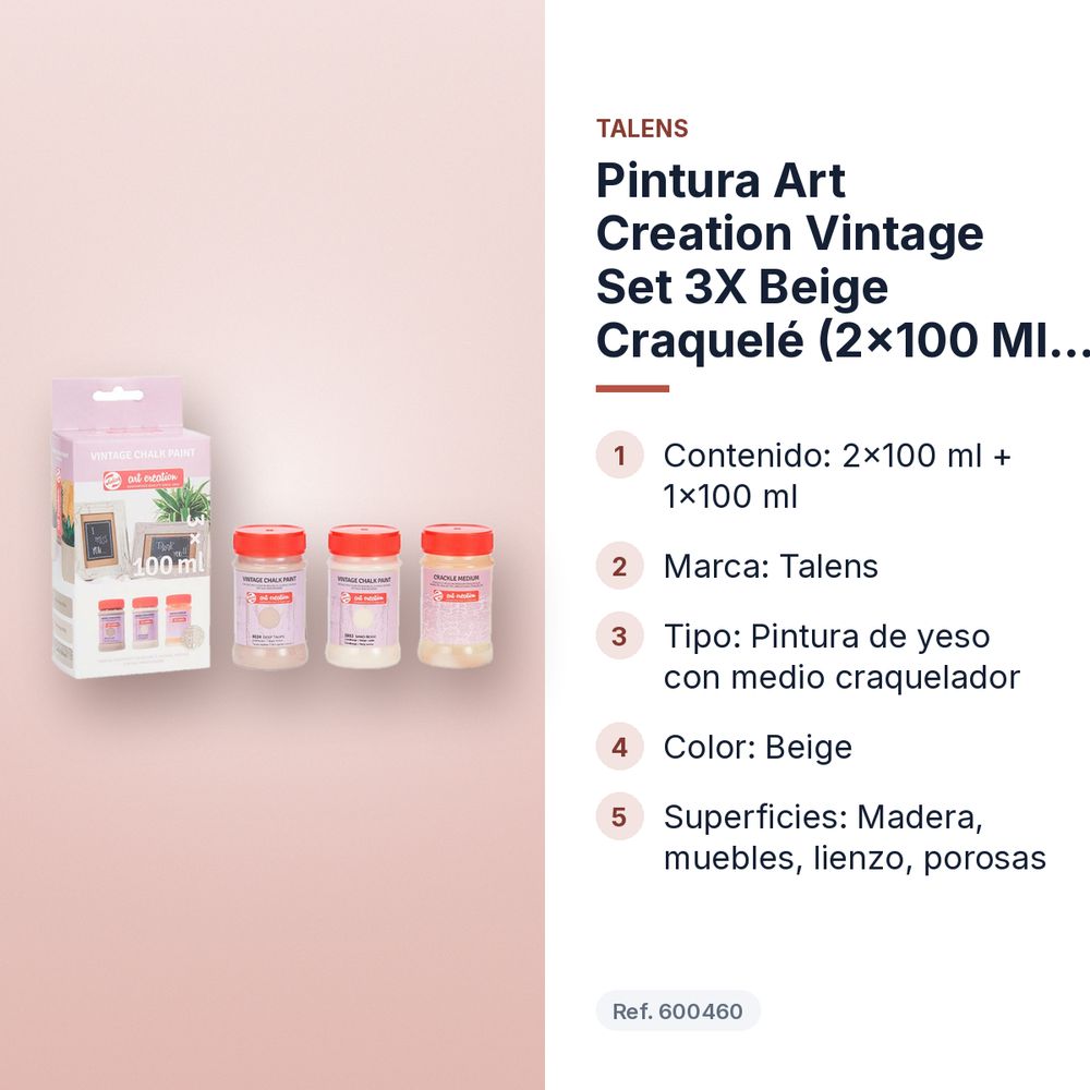 PINTURA ART CREATION VINTAGE SET 3X BEIGE CRAQUELÉ (2X100 ML + 1X100 ML MEDIO) - características principales