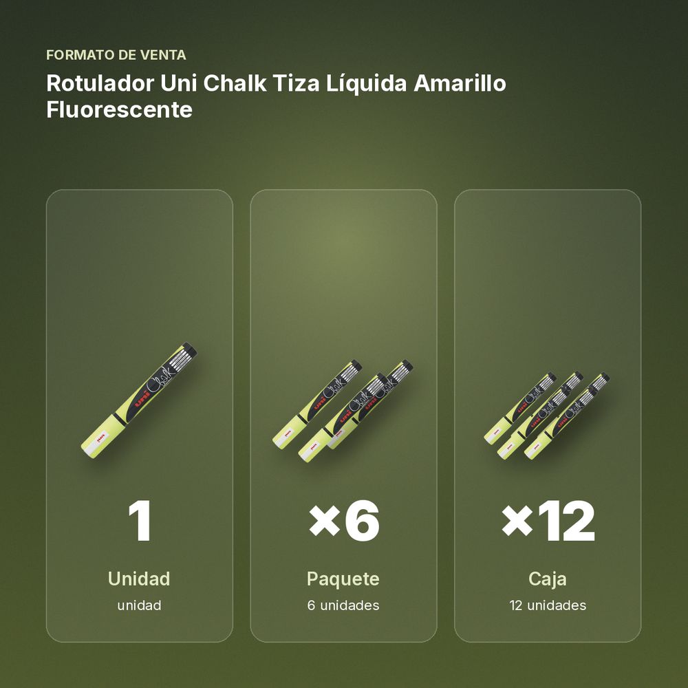 ROTULADOR UNI CHALK TIZA LÍQUIDA AMARILLO FLUORESCENTE - formato de venta: paquete de 6, caja de 12