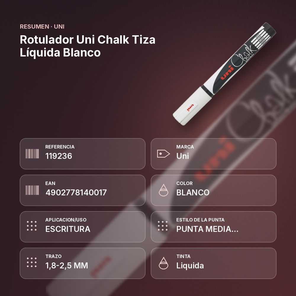 ROTULADOR UNI CHALK TIZA LÍQUIDA BLANCO - resumen de atributos