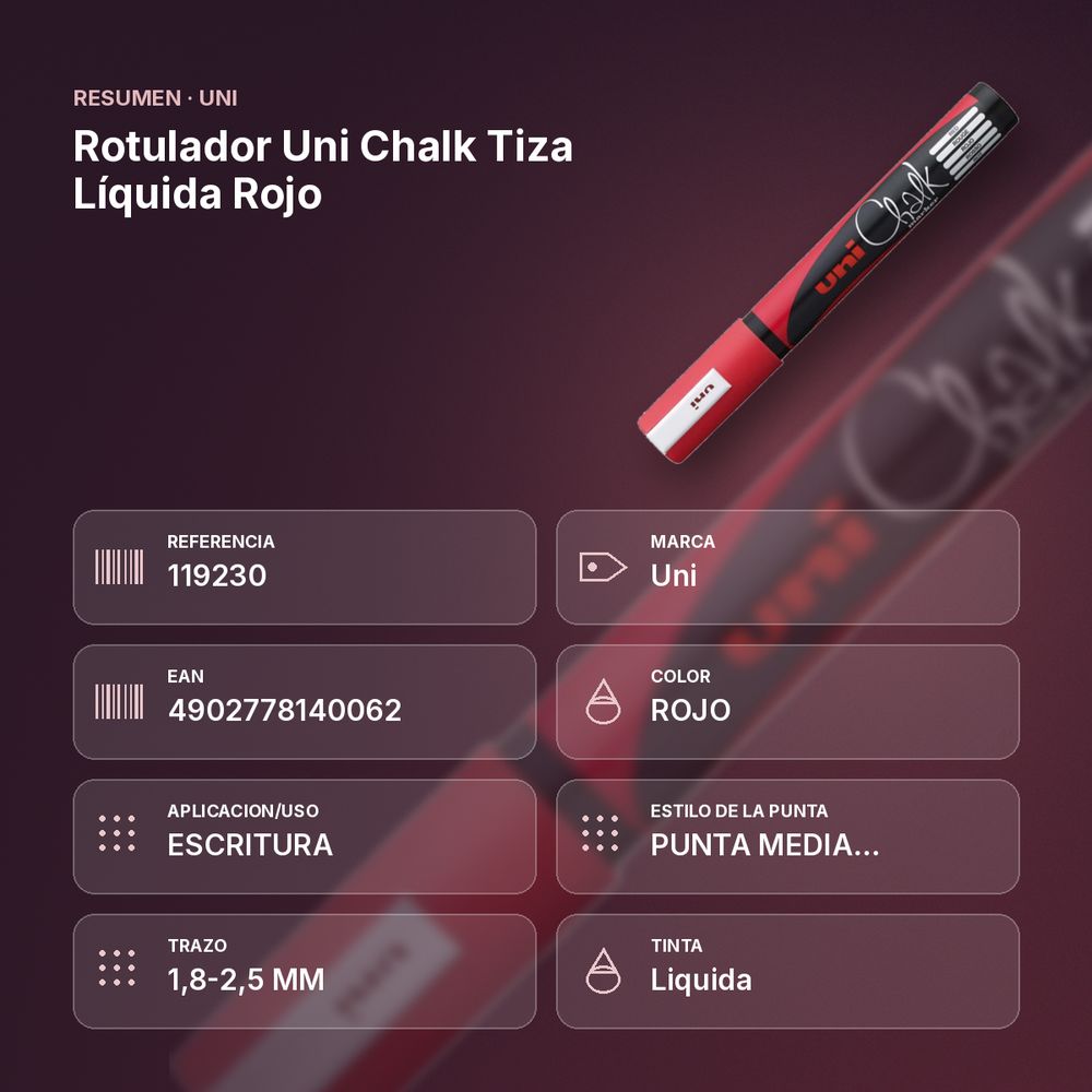 ROTULADOR UNI CHALK TIZA LÍQUIDA ROJO - resumen de atributos