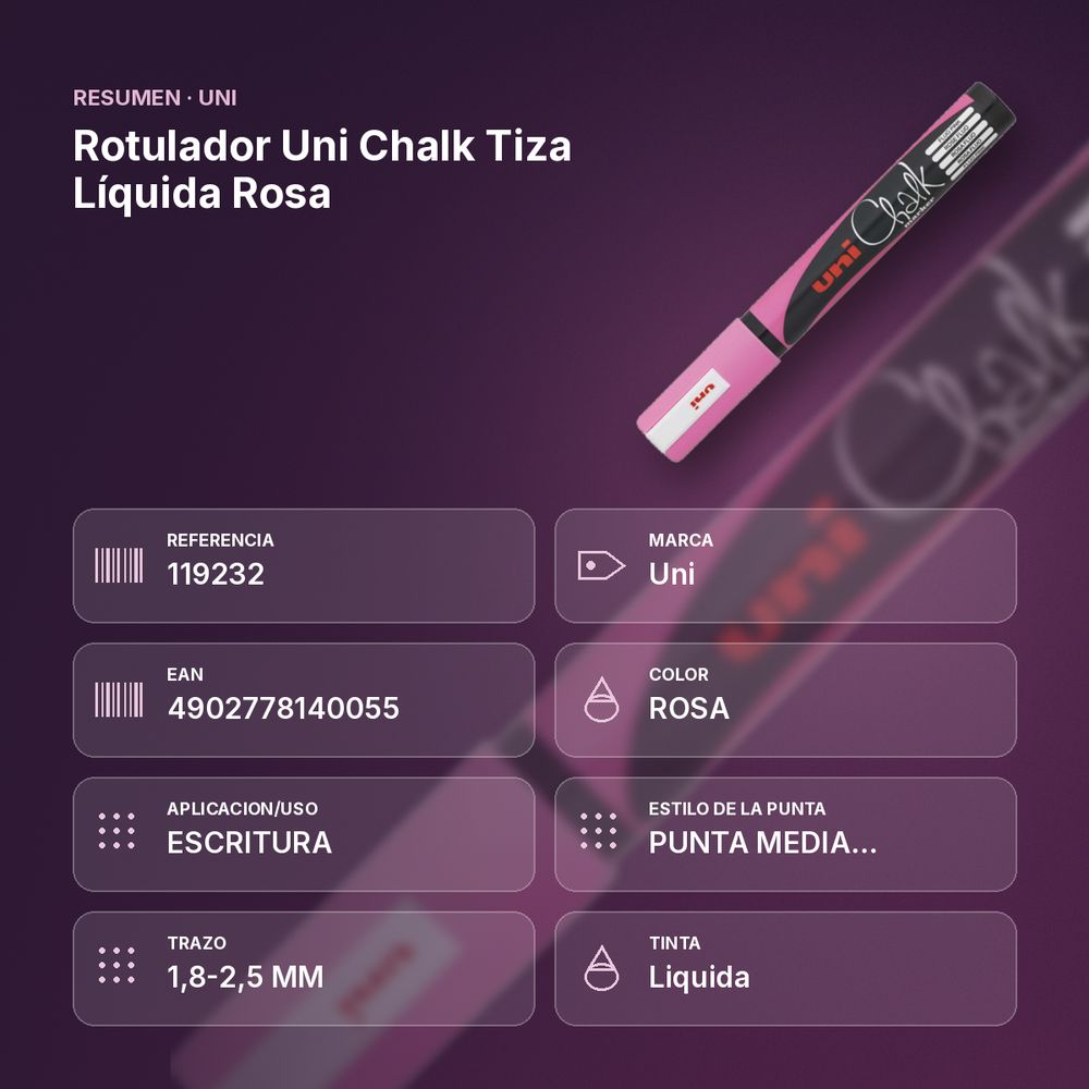 ROTULADOR UNI CHALK TIZA LÍQUIDA ROSA - resumen de atributos
