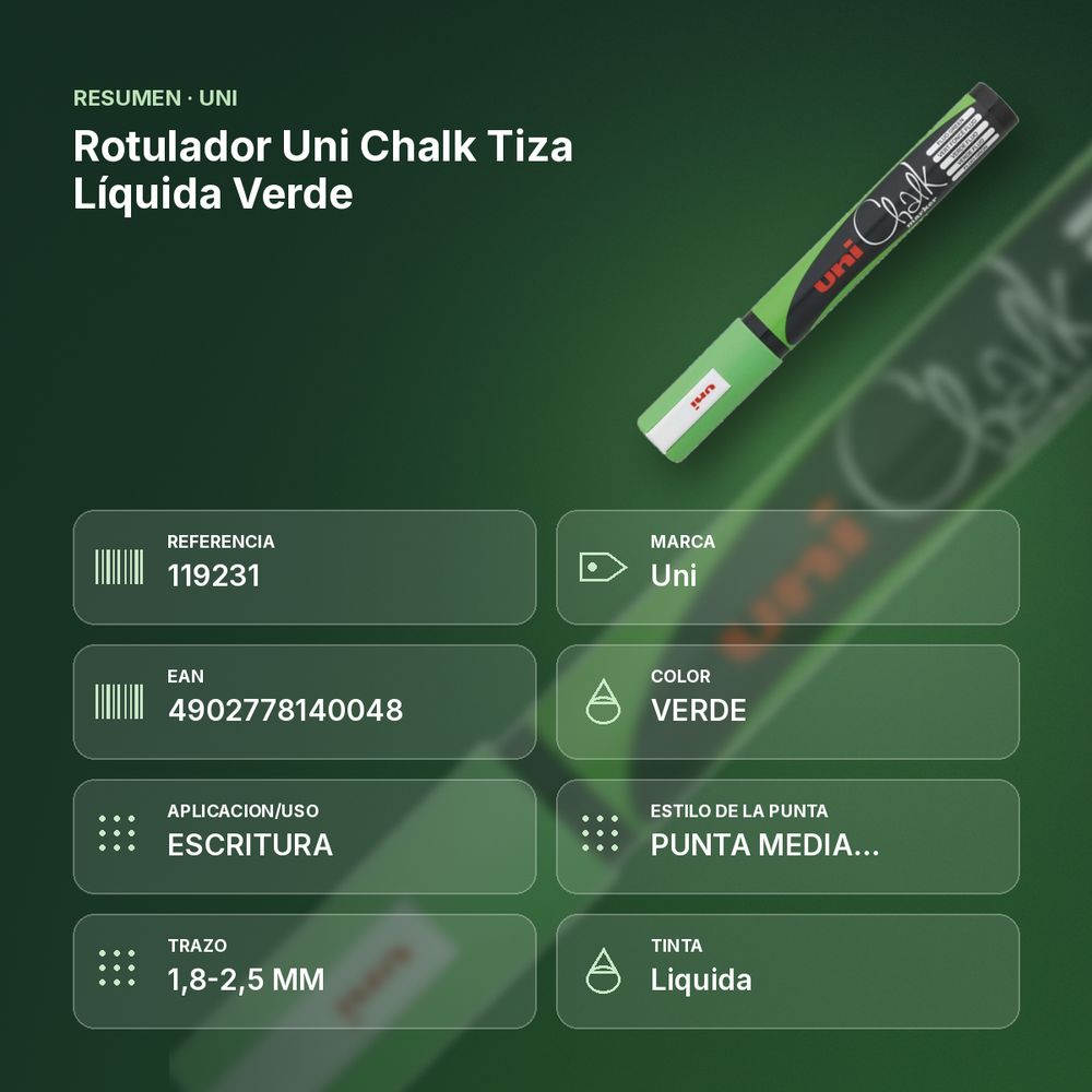 ROTULADOR UNI CHALK TIZA LÍQUIDA VERDE - resumen de atributos