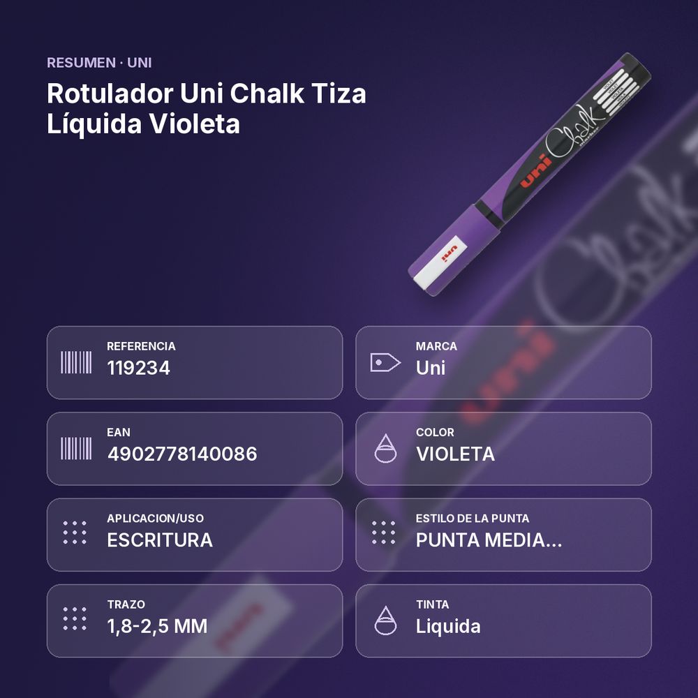 ROTULADOR UNI CHALK TIZA LÍQUIDA VIOLETA - resumen de atributos