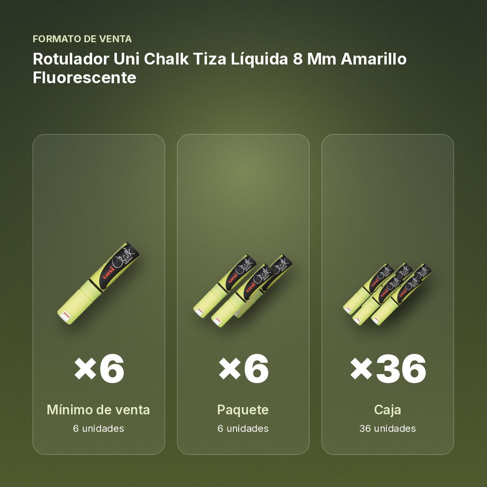 ROTULADOR UNI CHALK TIZA LÍQUIDA 8 MM AMARILLO FLUORESCENTE - formato de venta: paquete de 6, caja de 36