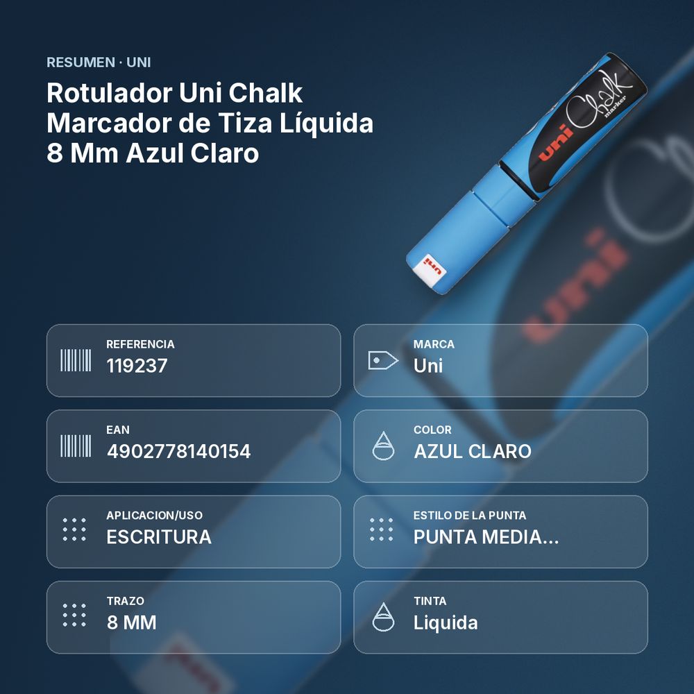 ROTULADOR UNI CHALK MARCADOR DE TIZA LÍQUIDA 8 MM AZUL CLARO - resumen de atributos