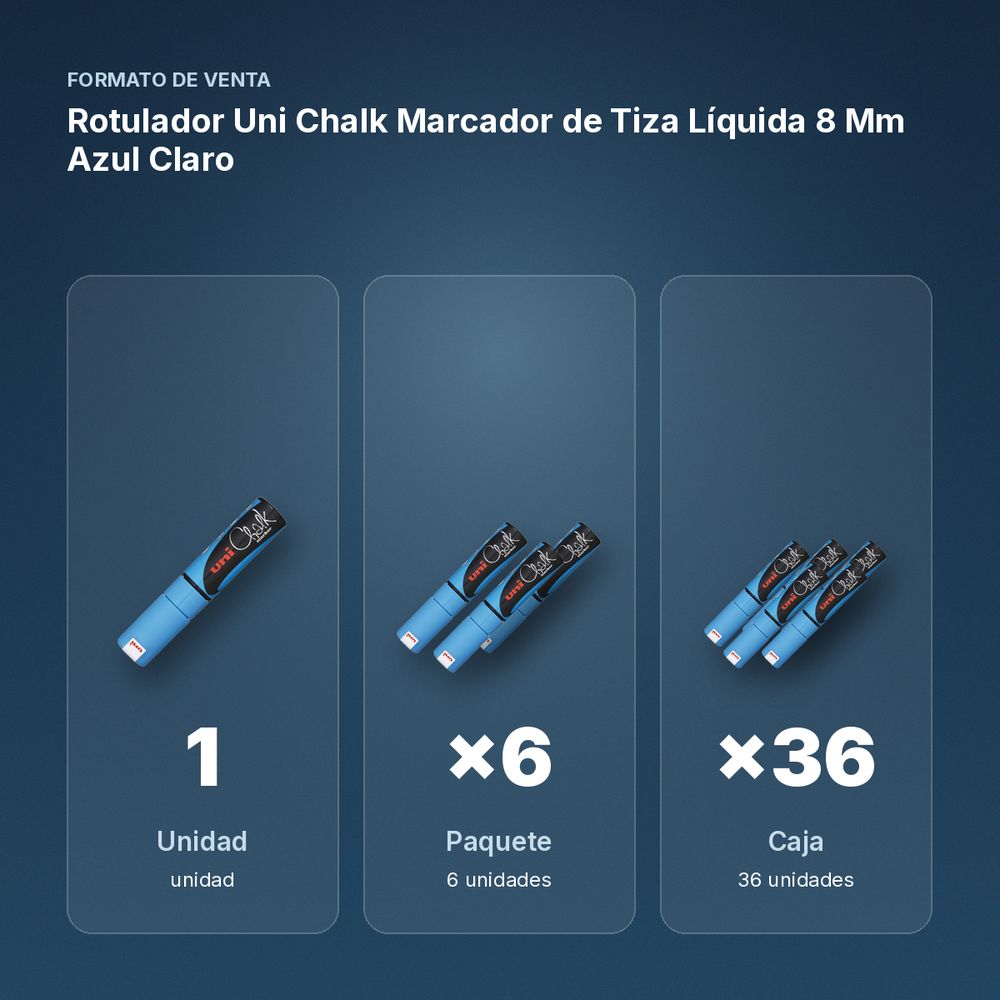 ROTULADOR UNI CHALK MARCADOR DE TIZA LÍQUIDA 8 MM AZUL CLARO - formato de venta: paquete de 6, caja de 36