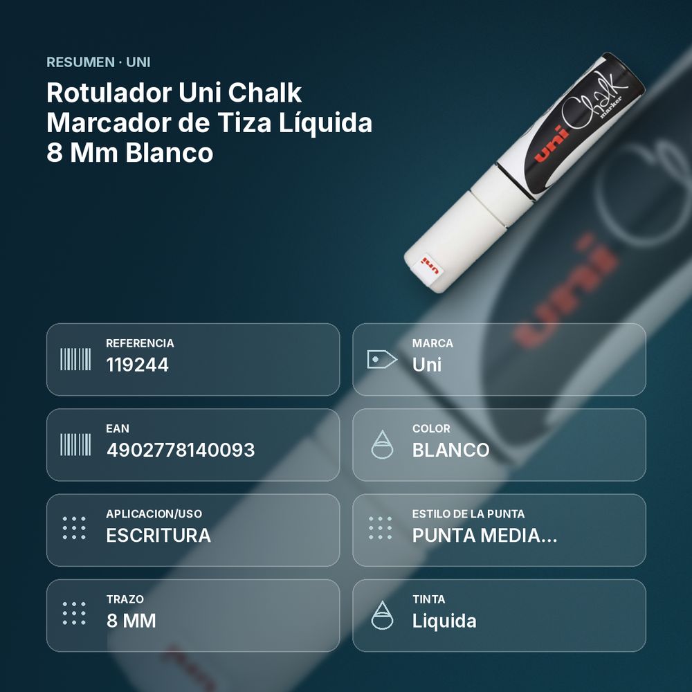 ROTULADOR UNI CHALK MARCADOR DE TIZA LÍQUIDA 8 MM BLANCO - resumen de atributos