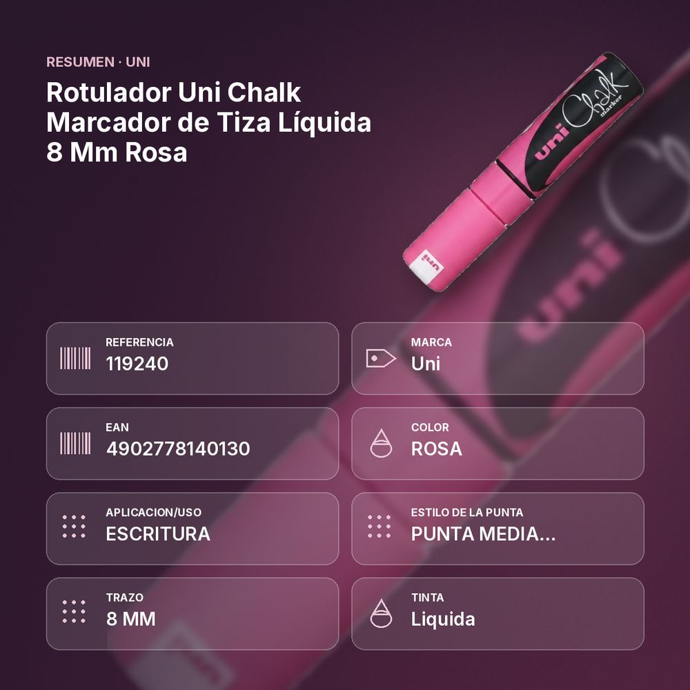 ROTULADOR UNI CHALK MARCADOR DE TIZA LÍQUIDA 8 MM ROSA - resumen de atributos