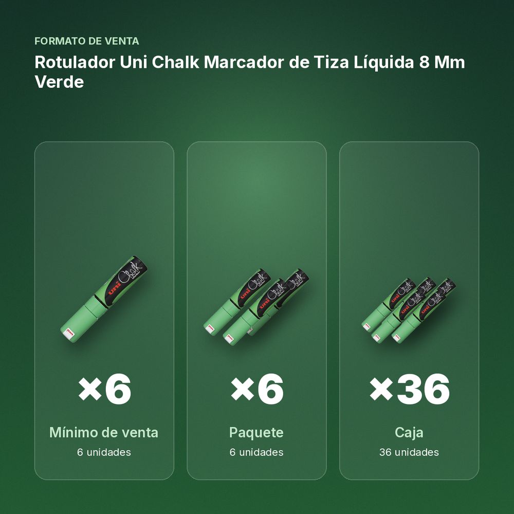 ROTULADOR UNI CHALK MARCADOR DE TIZA LÍQUIDA 8 MM VERDE - formato de venta: paquete de 6, caja de 36