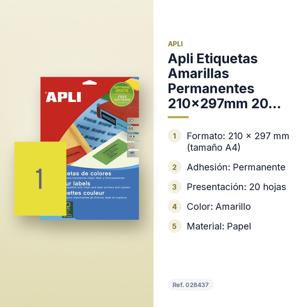 APLI ETIQUETAS AMARILLAS PERMANENTES 210X297MM 20 HOJAS - características principales