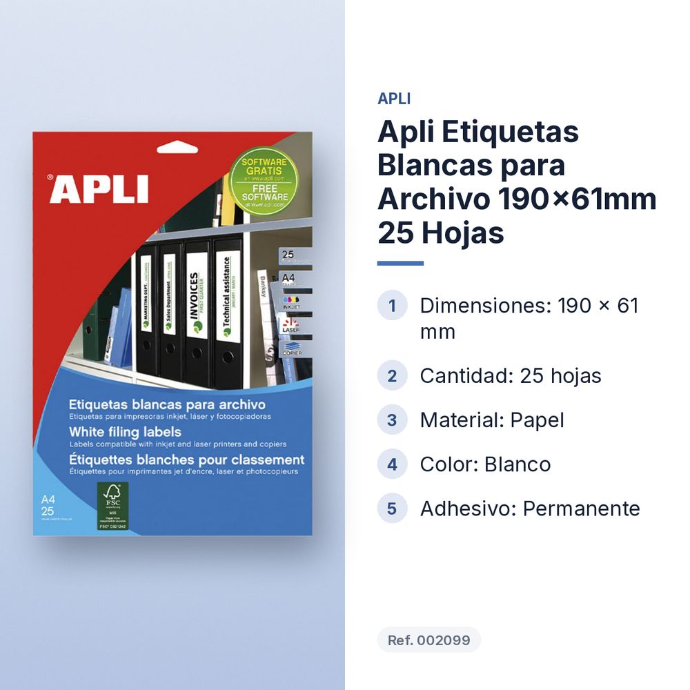 APLI ETIQUETAS BLANCAS PARA ARCHIVO 190X61MM 25 HOJAS - características principales
