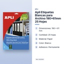 APLI ETIQUETAS BLANCAS PARA ARCHIVO 190X61MM 25 HOJAS - características principales