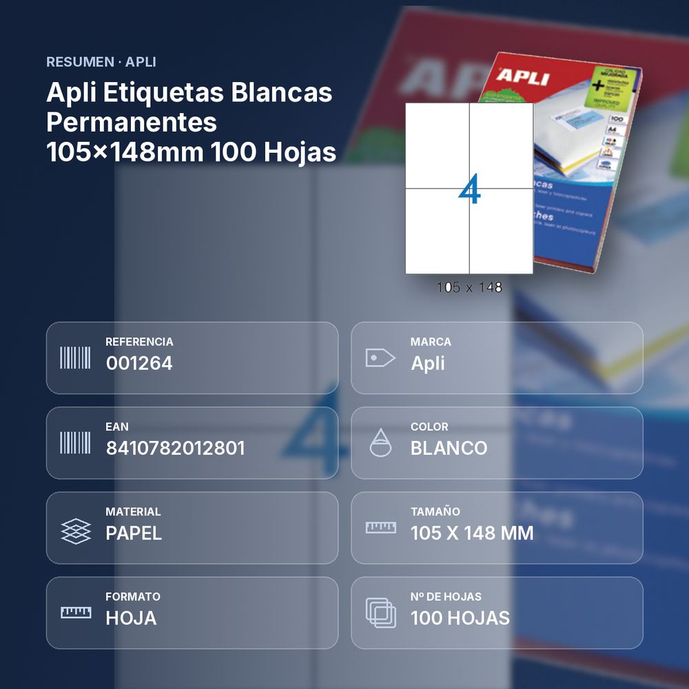 APLI ETIQUETAS BLANCAS PERMANENTES 105X148MM 100 HOJAS - resumen de atributos