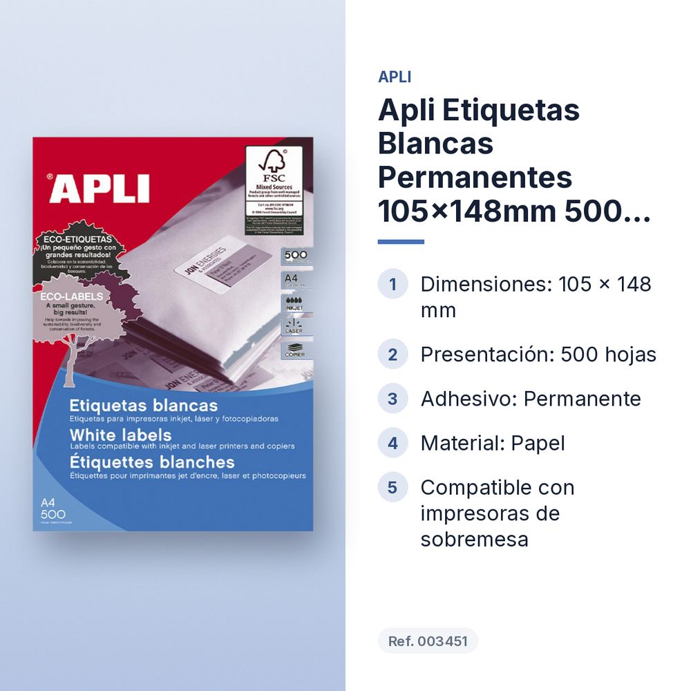 APLI ETIQUETAS BLANCAS PERMANENTES 105X148MM 500 HOJAS - características principales