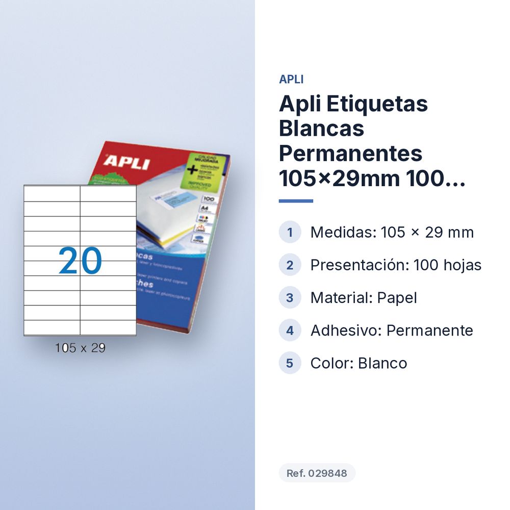 APLI ETIQUETAS BLANCAS PERMANENTES 105X29MM 100 HOJAS - características principales