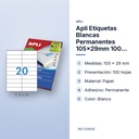 APLI ETIQUETAS BLANCAS PERMANENTES 105X29MM 100 HOJAS - características principales