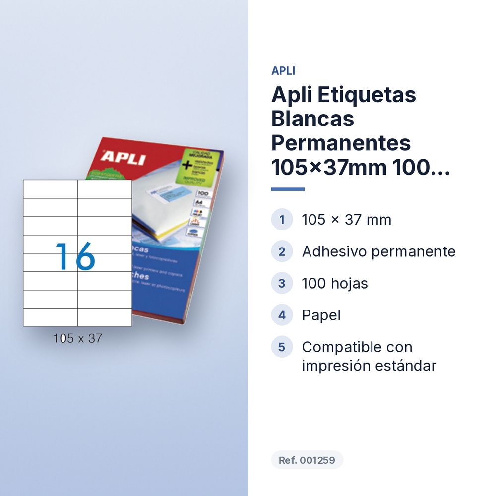 APLI ETIQUETAS BLANCAS PERMANENTES 105X37MM 100 HOJAS - características principales