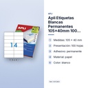 APLI ETIQUETAS BLANCAS PERMANENTES 105X40MM 100 HOJAS - características principales