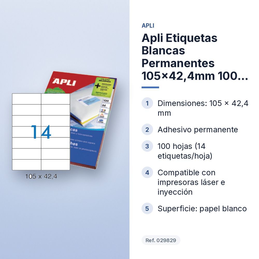 APLI ETIQUETAS BLANCAS PERMANENTES 105X42,4MM 100 HOJAS - características principales