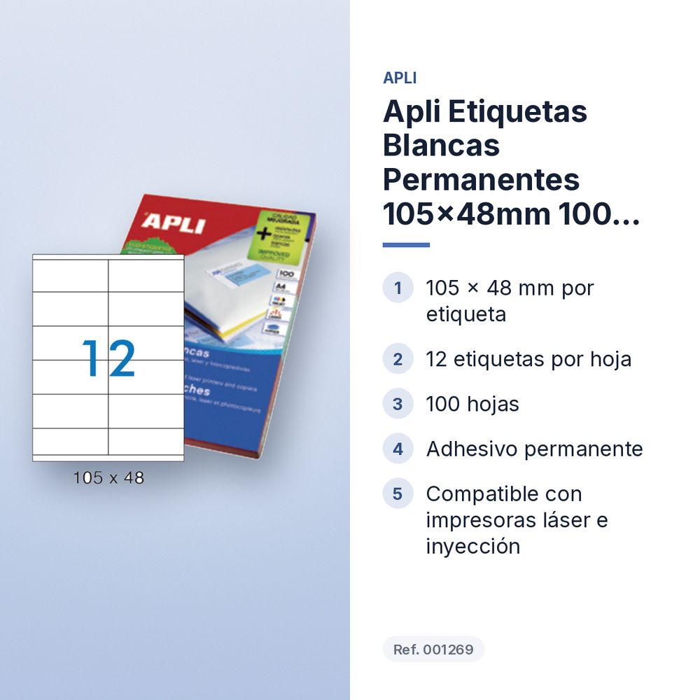 APLI ETIQUETAS BLANCAS PERMANENTES 105X48MM 100 HOJAS - características principales