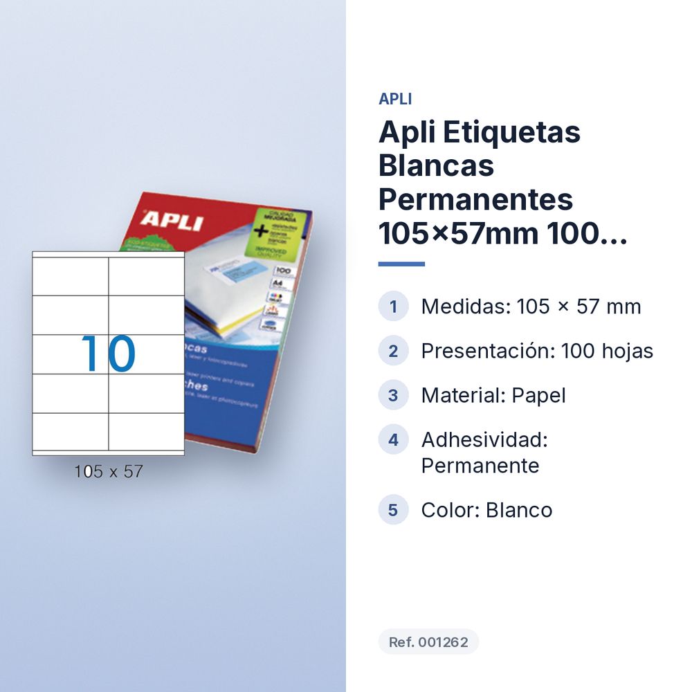 APLI ETIQUETAS BLANCAS PERMANENTES 105X57MM  100 HOJAS - características principales