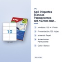 APLI ETIQUETAS BLANCAS PERMANENTES 105X57MM  100 HOJAS - características principales