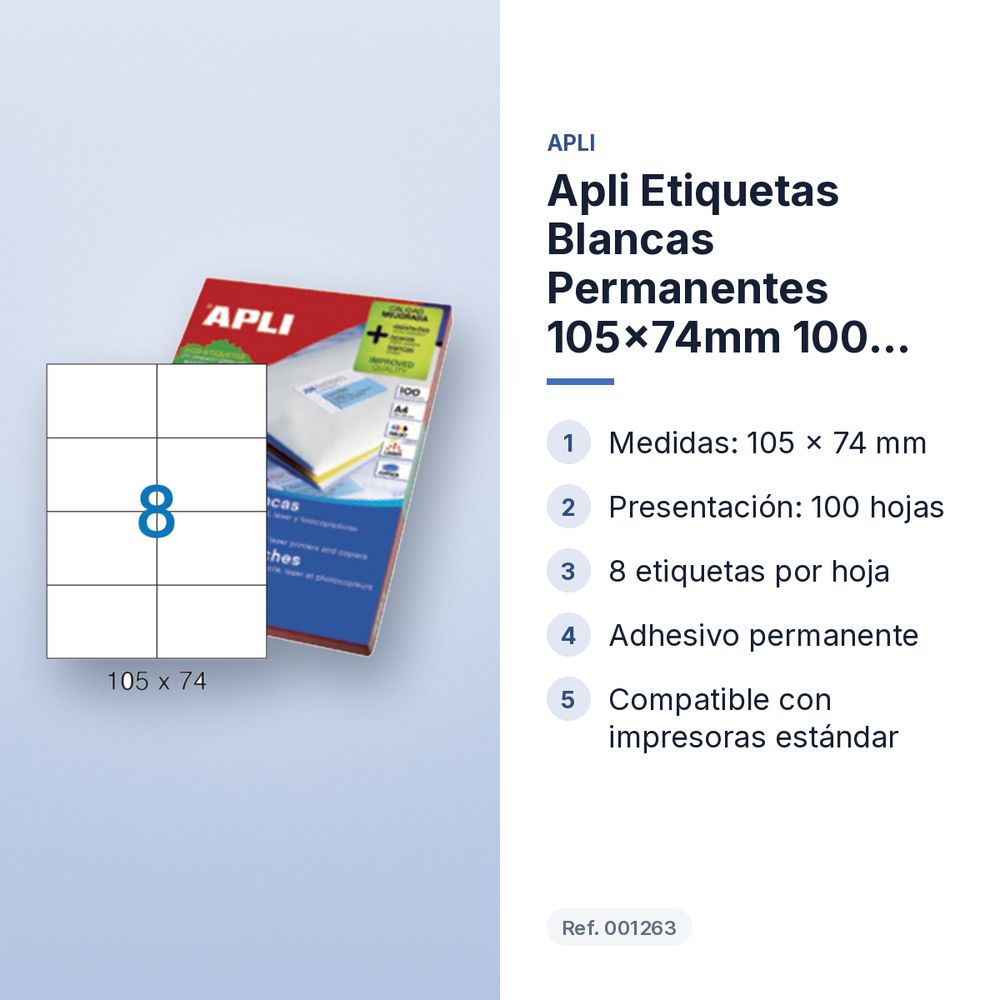 APLI ETIQUETAS BLANCAS PERMANENTES 105X74MM 100 HOJAS - características principales