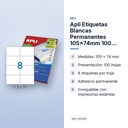 APLI ETIQUETAS BLANCAS PERMANENTES 105X74MM 100 HOJAS - características principales
